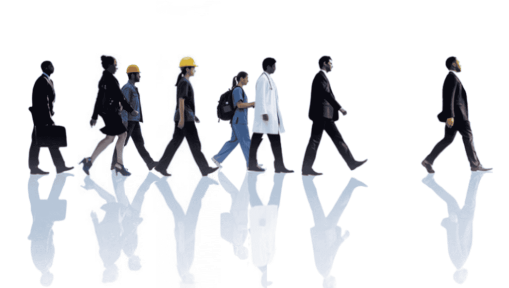 group of professionals of various occupation following a leader.